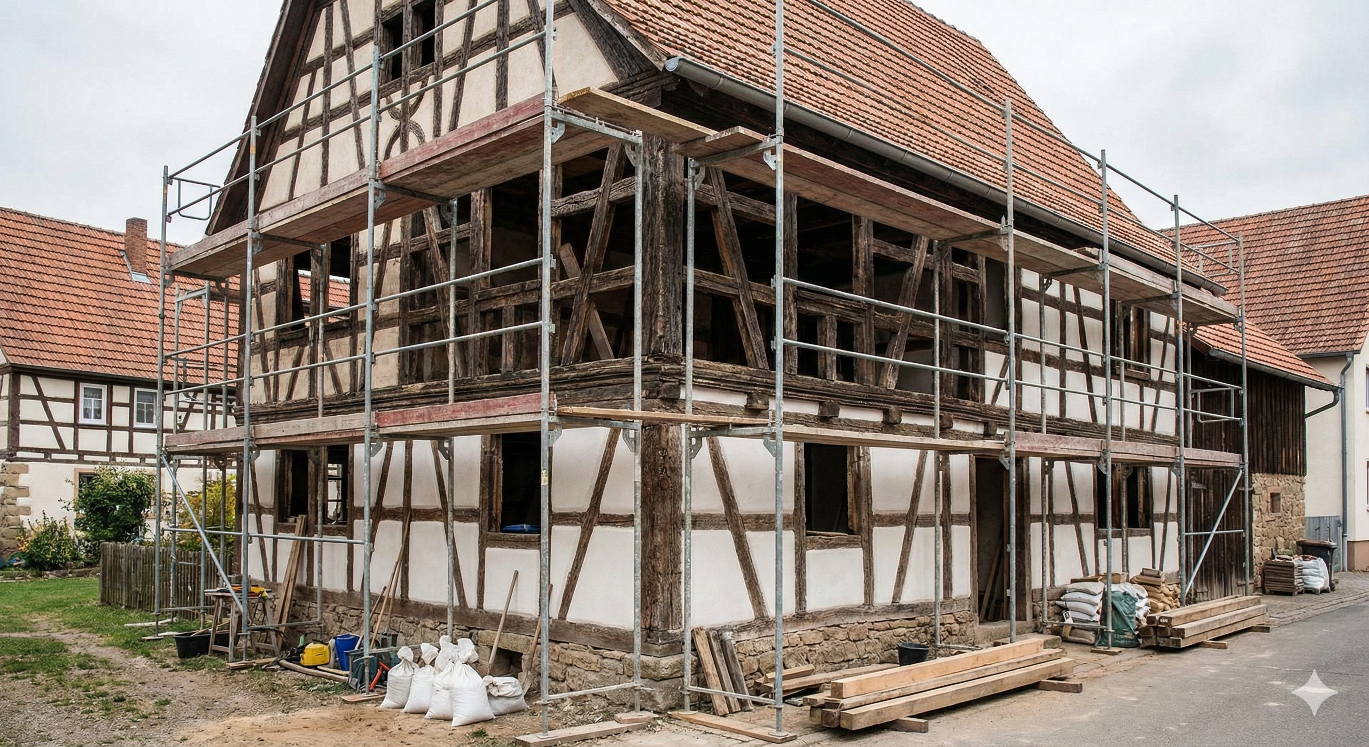 Historical half-timbered house (Fachwerkhaus), meticulously restored, highlighting original wood beams and traditional white infill