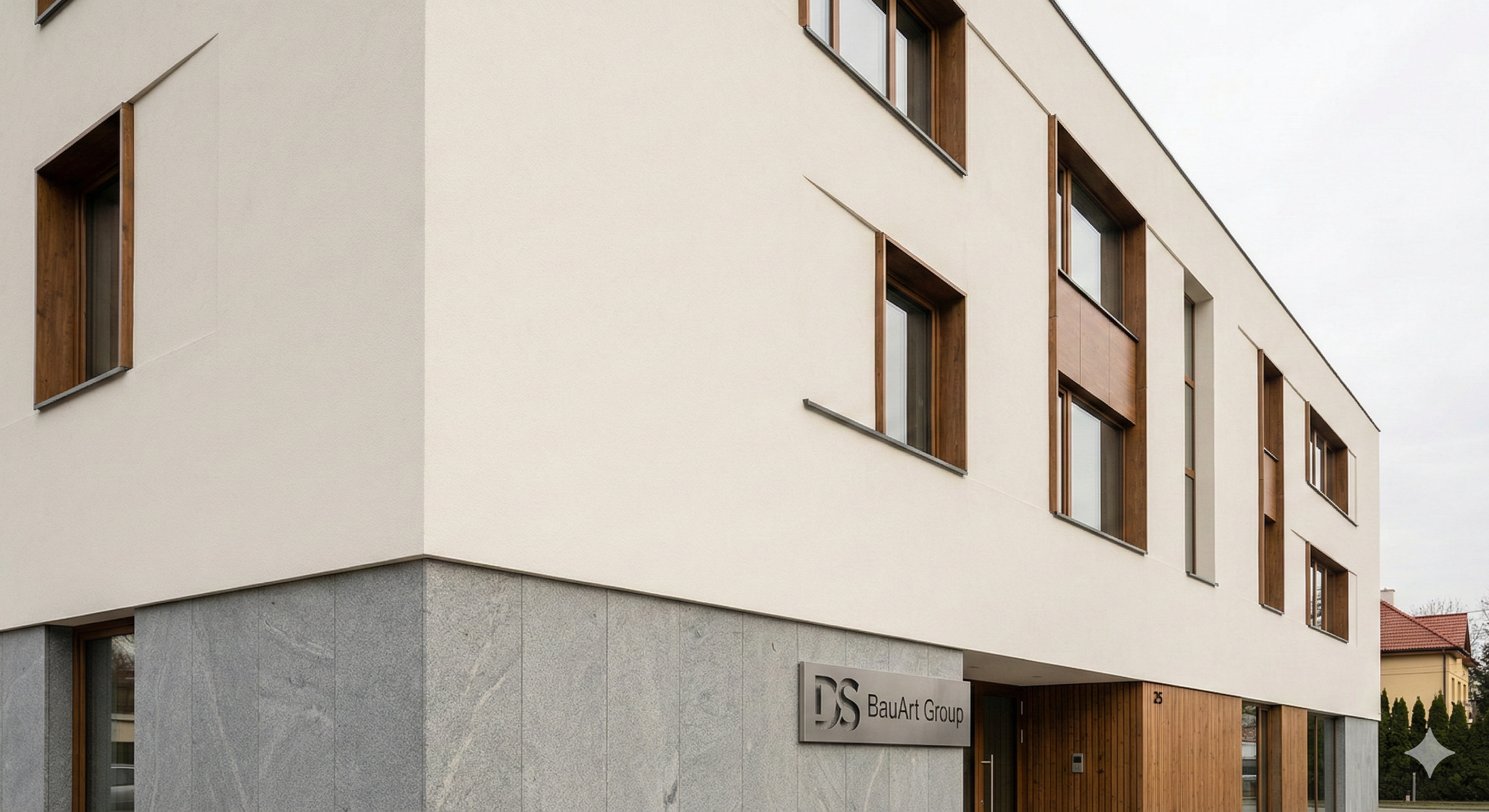 Modern building exterior showcasing a seamless, high-tech External Thermal Insulation Composite System (ETICS) with a smooth, professional plaster finish